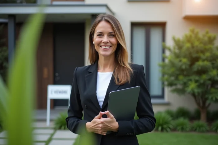 Agente immobilière devant une maison moderne à vendre avec jardin soigné