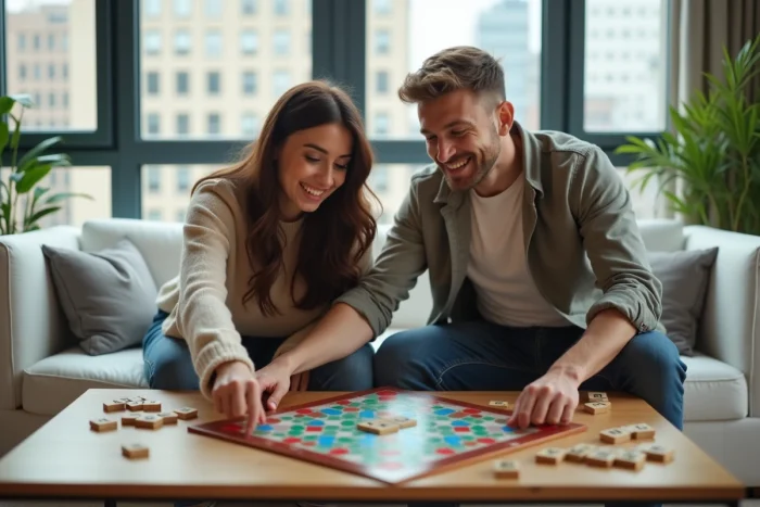 Deux amis en pleine partie de Scrabble discutant de la stratégie autour du mot IN sur le plateau