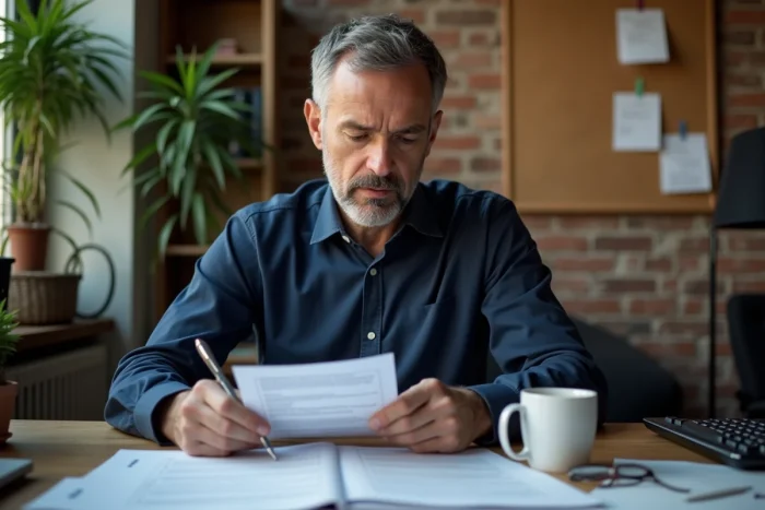 Homme annotant des brouillons de mails professionnels dans un bureau à domicile