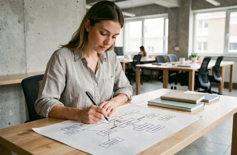 Femme dessinant une arborescence de site web sur papier dans un espace de coworking moderne
