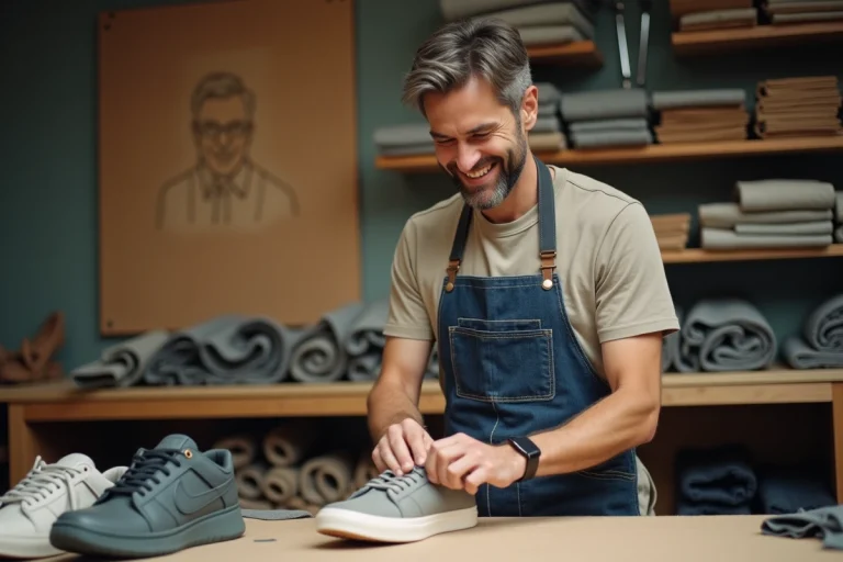 Artisan homme en atelier fabriquant une sneaker à la main