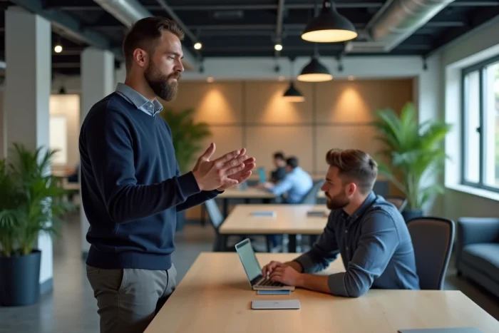 Auto-entrepreneur discutant de projets avec un collègue dans un espace de coworking moderne