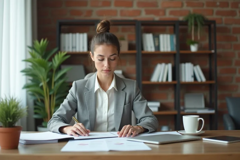 Auto-entrepreneuse concentrée travaillant sur son ordinateur portable dans un bureau à domicile bien organisé