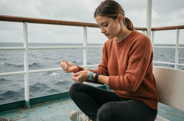 Jeune femme portant un bracelet d'acupression point P6 contre le mal de mer sur un ferry