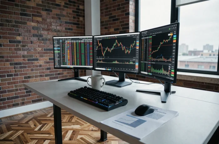 Bureau d'investisseur particulier avec plusieurs écrans affichant des graphiques ETF et données boursières en temps réel
