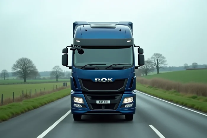 Camion fourgon de 3,5 tonnes circulant sur une route de campagne sous un ciel nuageux en vue trois-quarts avant