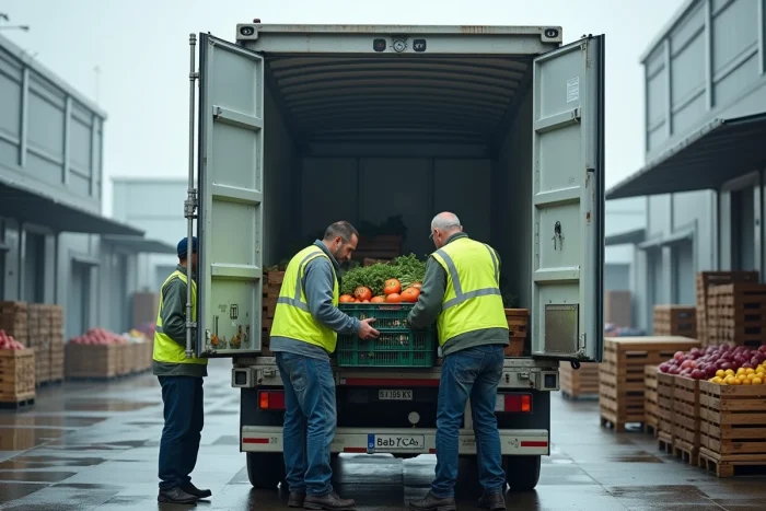 Camion frigorifique de 3,5 tonnes en cours de chargement sur un quai de marché alimentaire avec des travailleurs en gilet jaune