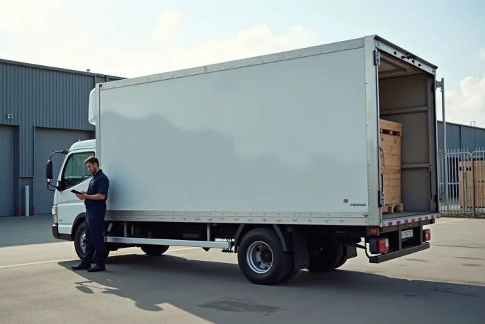 Camionnette utilitaire de 3,5 tonnes garée dans une zone logistique urbaine avec chauffeur en uniforme vérifiant un bon de livraison