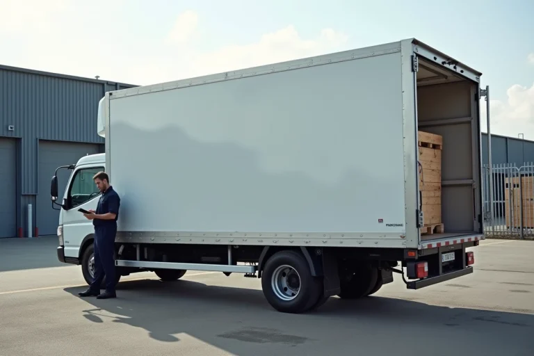 Camionnette utilitaire de 3,5 tonnes garée dans une zone logistique urbaine avec chauffeur en uniforme vérifiant un bon de livraison