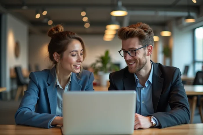 Deux collègues collaborant sur la rédaction d'un mail professionnel dans un espace de coworking