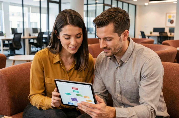 Deux collègues consultant ensemble un plan de site web sur une tablette dans un espace de co-working moderne