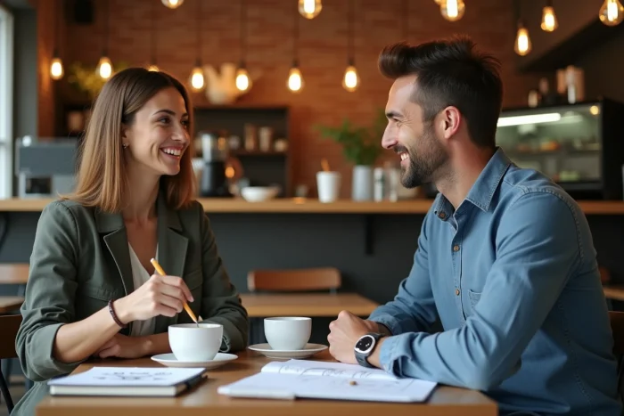 Deux collègues discutant d'une opportunité professionnelle autour d'un café dans un espace de travail informel