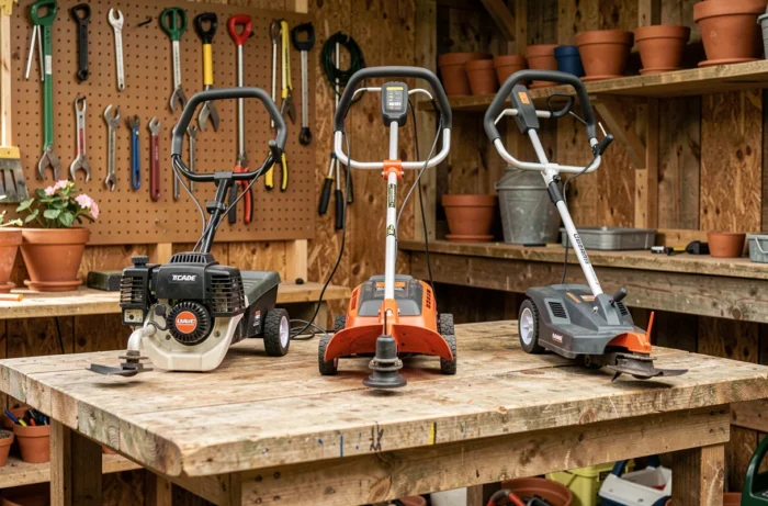 Comparaison de trois types de débroussailleuses posées sur un établi dans un atelier de jardin