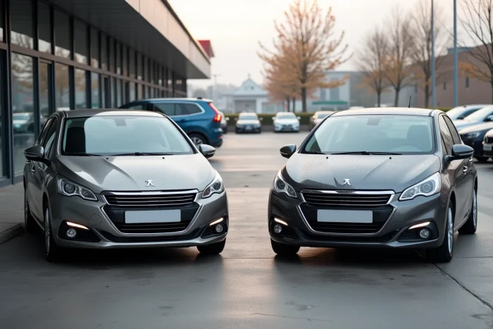 Comparaison de deux teintes de gris sur des Peugeot 308 côte à côte chez un concessionnaire, nuances titanium et gris béton