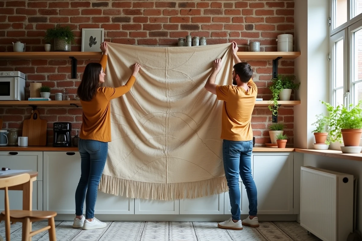 Jeune couple accrochant une grande tapisserie géométrique dans la cuisine