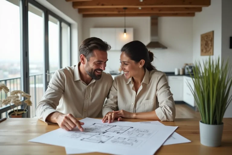 Couple examinant des offres immobilières autour d'une table en bois dans un appartement moderne