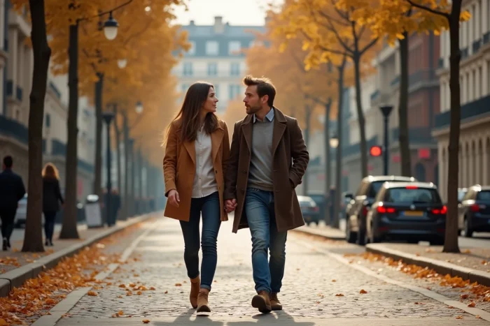 Couple se promenant dans une rue parisienne aux tons automnaux avec façades haussmanniennes en arrière-plan