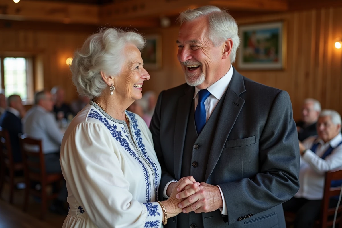 Couple scandinave âgé riant main dans la main en intérieur