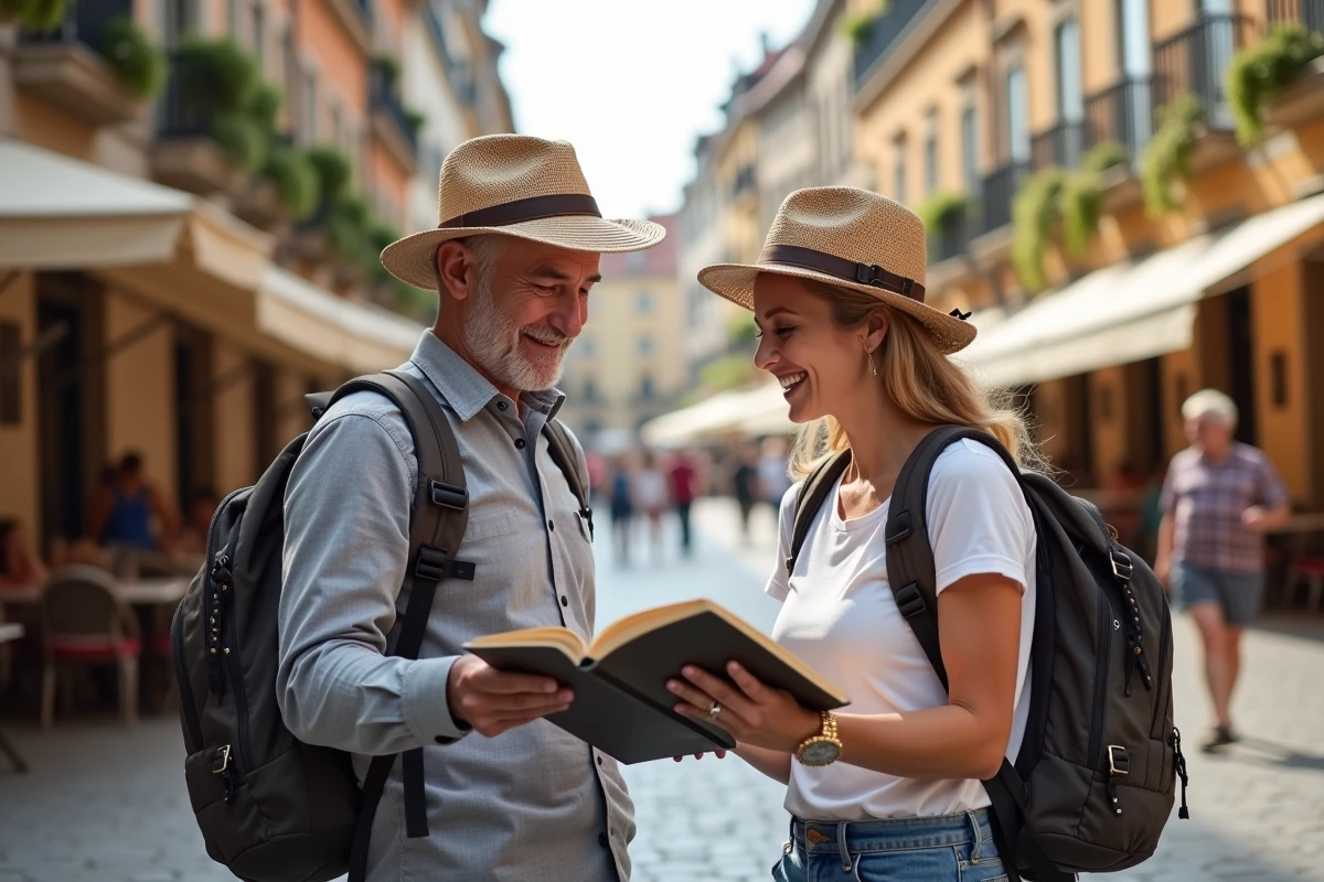 Couple avec sac à dos discutant dans une place pavée