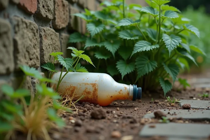Bouteille de javel posée au sol près d'une touffe d'orties dans un jardin, illustrant les dangers de cet herbicide sur le sol et les plantes environnantes