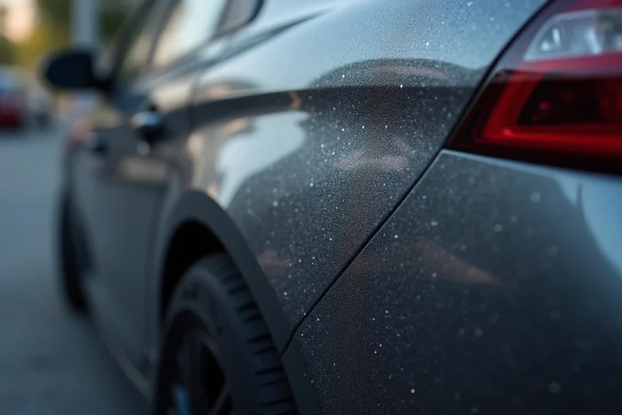 Gros plan sur la carrosserie d'une Peugeot 308 en gris selenium nacré, détail de la texture de peinture et reflets profonds