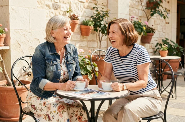 Deux femmes d'une soixantaine d'années habillées avec style discutant mode autour d'un café en terrasse