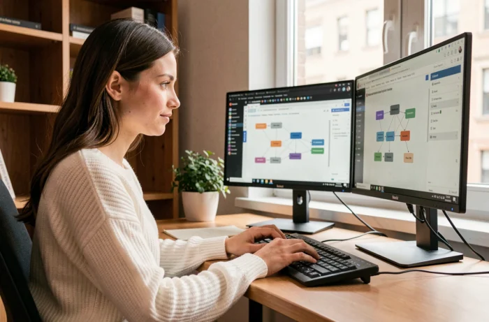 Développeuse web analysant la structure d'un site web sur un double écran dans un bureau à domicile