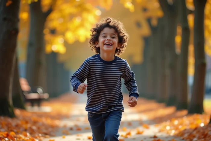 Jeune garçon aux cheveux bouclés courant et riant dans un parc parisien en automne entouré de feuilles dorées