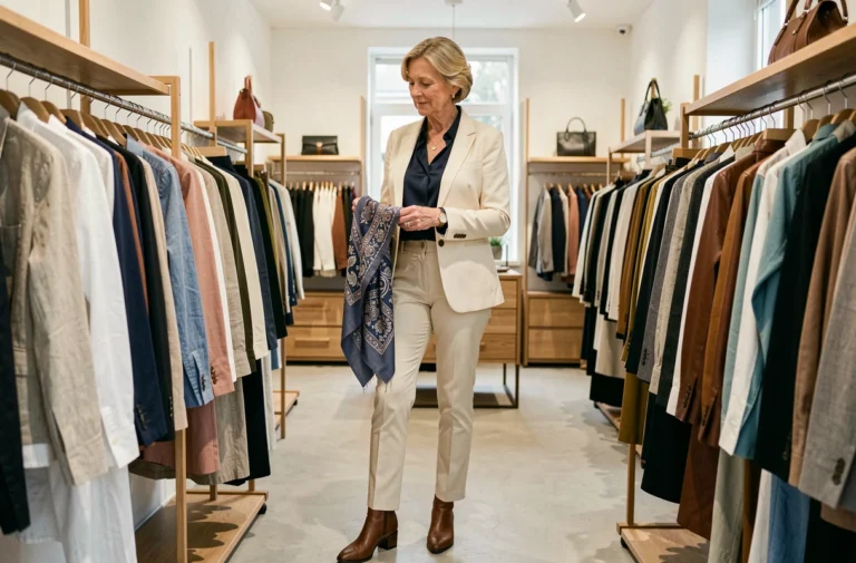 Femme élégante de 60 ans essayant des vêtements tendance dans une boutique de mode contemporaine