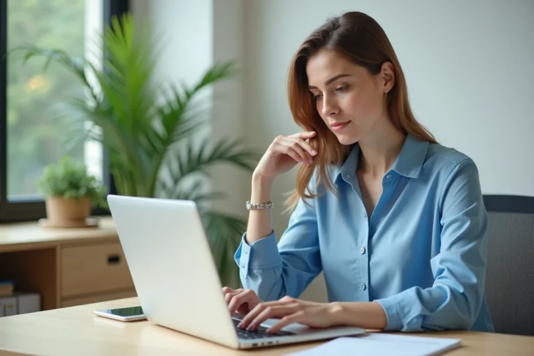 Femme au bureau travaillant sur son ordinateur portable