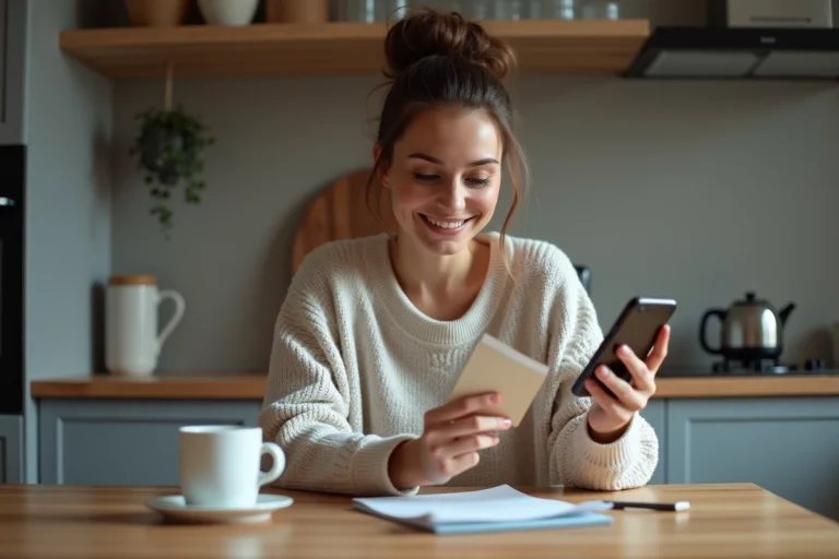 Femme avec carte cadeau et smartphone en cuisine