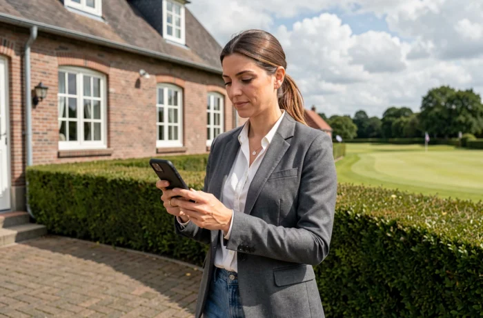 Une femme consultant les informations de contact de Longdrivers Belgium sur son smartphone devant un clubhouse de golf