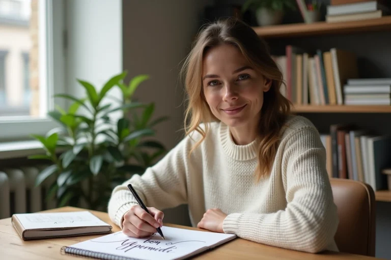 Femme écrivant bon aprèsmidi dans un bureau cosy