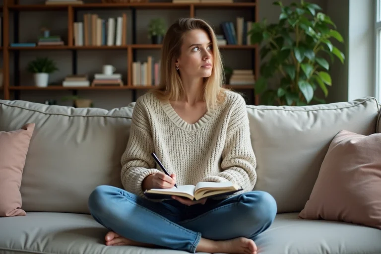 Femme pensante écrivant dans un journal à la maison