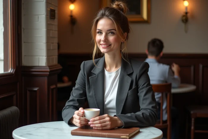 Femme française élégante assise dans une brasserie parisienne traditionnelle avec un carnet et un café espresso