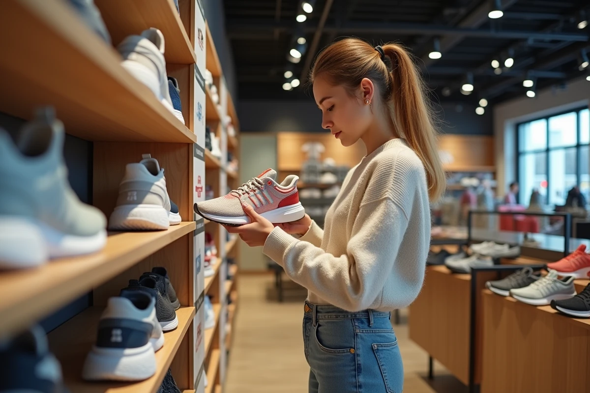 Jeune femme examinant une sneaker dans un magasin moderne