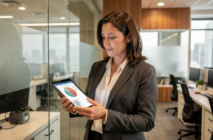 Femme professionnelle de la finance consultant un portefeuille ETF sur tablette dans un bureau ouvert