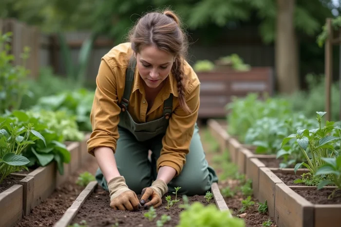 Femme utilisant une grelinette dans un potager bio avec des légumes en pleine croissance et des bacs en bois surélevés