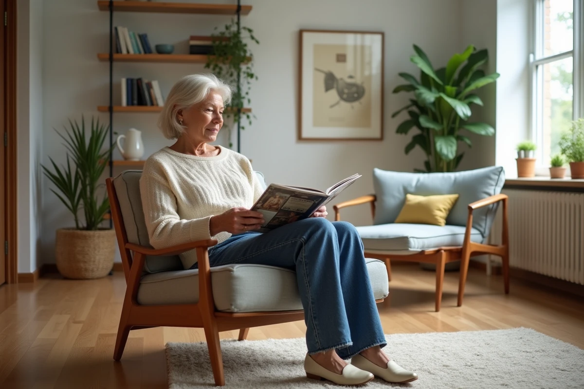 Femme âgée lisant dans un salon moderne