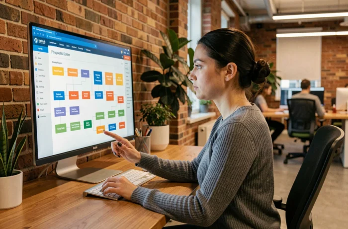 Femme consultant un plan de site web structuré sur un écran d'ordinateur dans un bureau moderne
