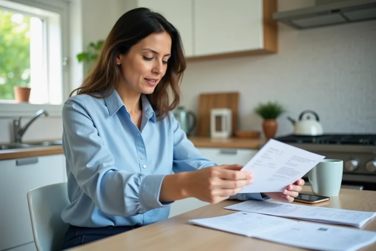 Femme examinant son passeport et billet dans la cuisine