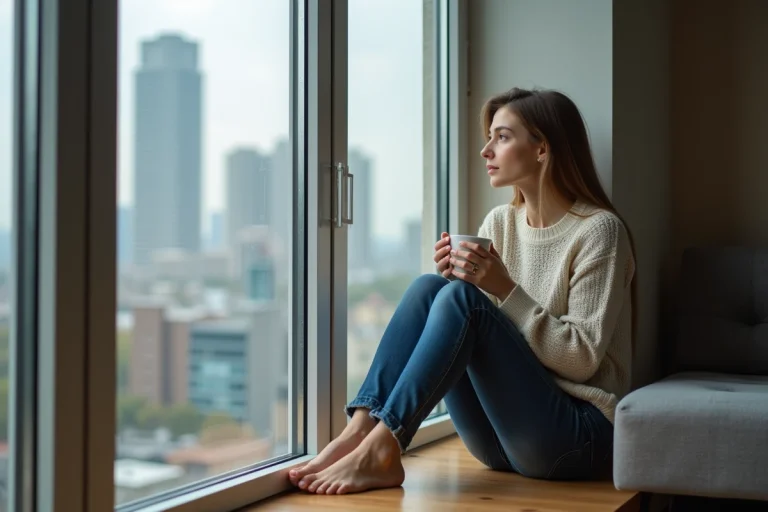 Femme pensive dans un appartement urbain lumineux