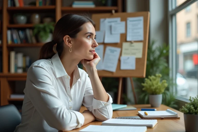 Femme réfléchissant à une opportunité professionnelle devant un tableau de notes dans un bureau à domicile