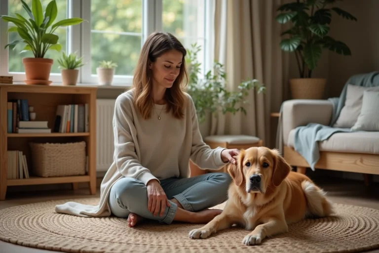 Femme assise avec un retriever dans un salon chaleureux