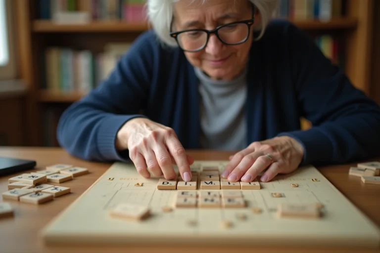 Femme jouant au Scrabble et plaçant les lettres I et N sur le plateau pour maximiser son score