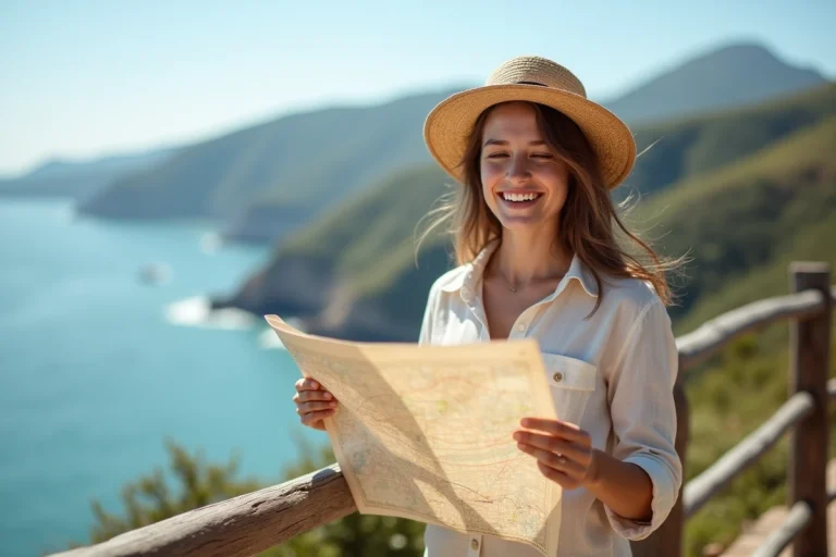 Jeune femme souriante en voyage au bord de la mer