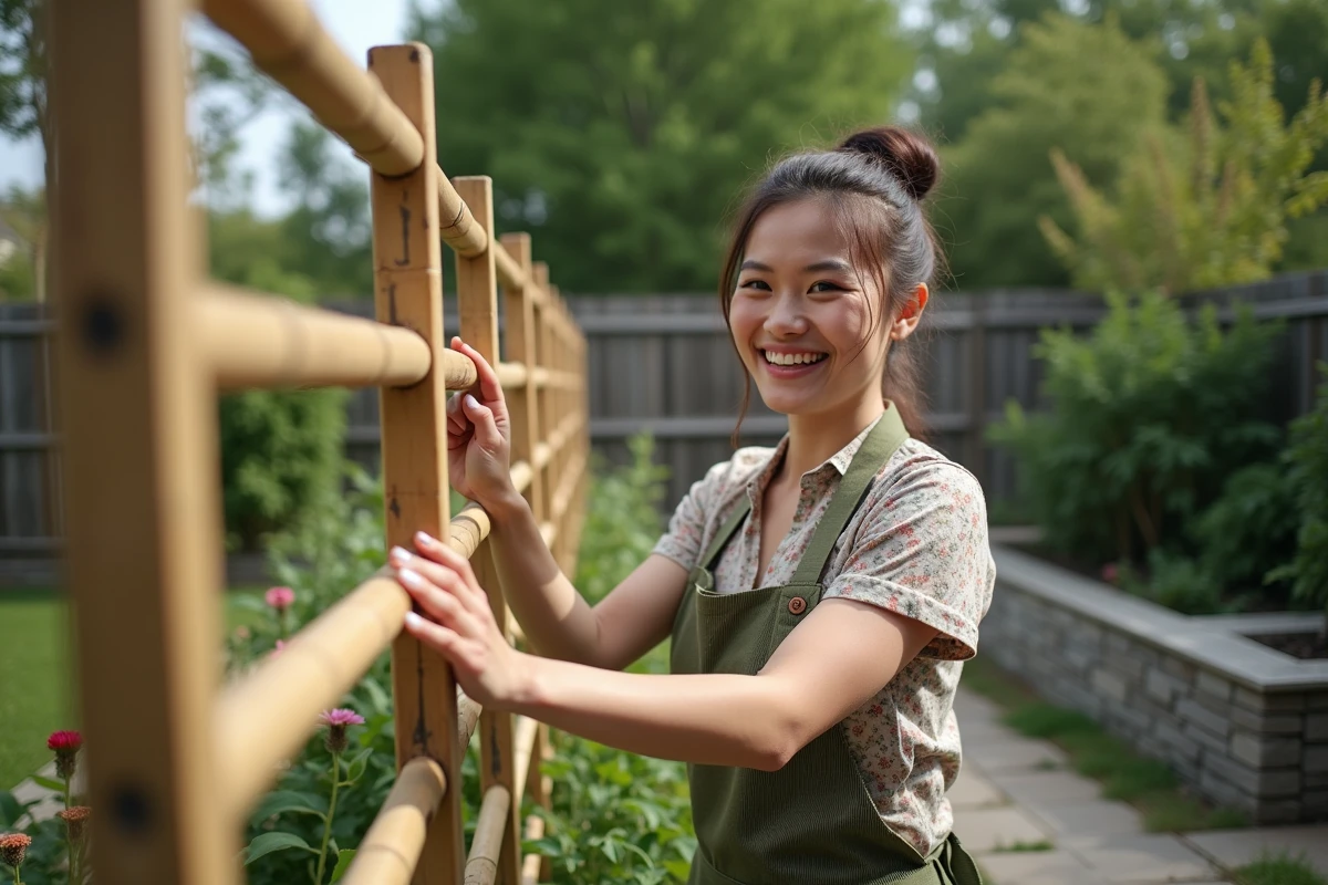 Femme souriante posant des bambous pour une clôture