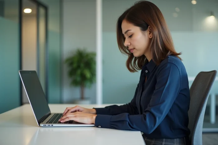 Jeune femme concentrée travaillant sur son ordinateur au bureau
