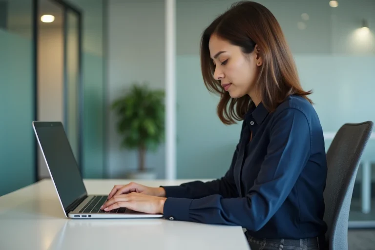 Jeune femme concentrée travaillant sur son ordinateur au bureau