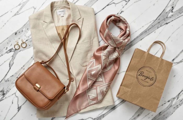 Flat lay d'accessoires et vêtements tendance pour shopping en ligne sur marbre blanc